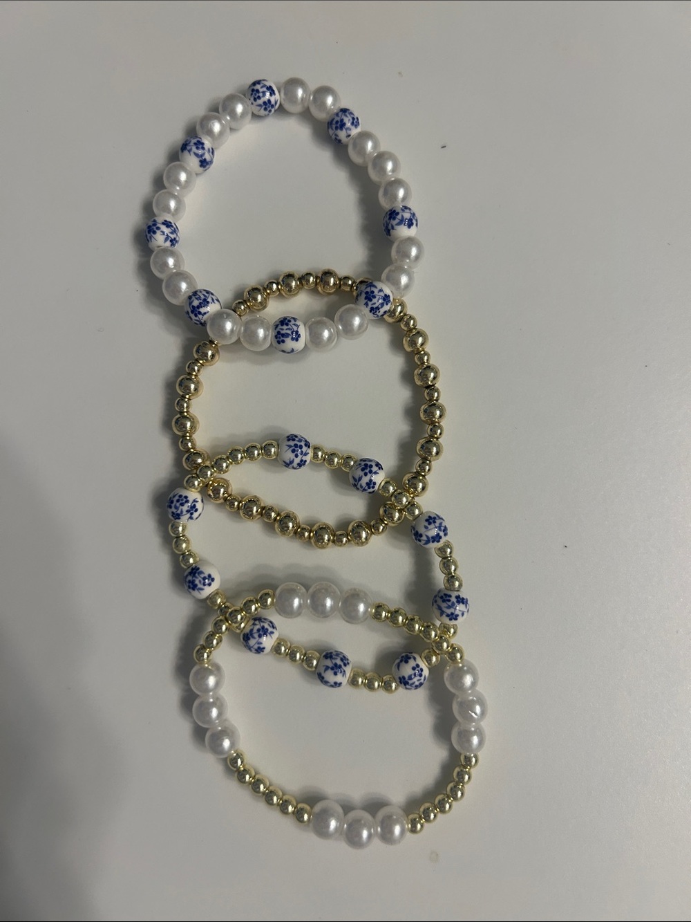 Pearl & Blue Floral Bead Stretch Bracelet Set - White and Gold